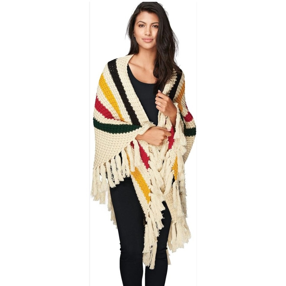 Pendleton Glacier Park Striped Crochet Poncho Wrap Fringe Cream Multicolor OS